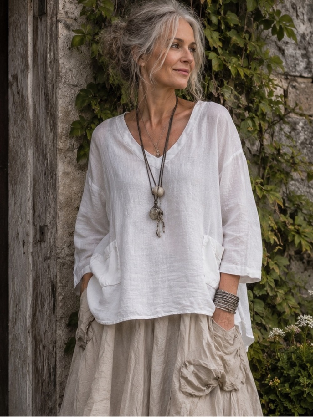 Women’s Relaxed V-Neck White Linen Lagenlook Top Size S 100 % Ramie